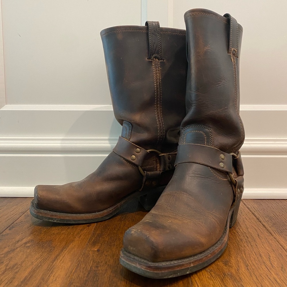 Frye Brown Leather Harness Heeled Boots - Picture 2 of 10